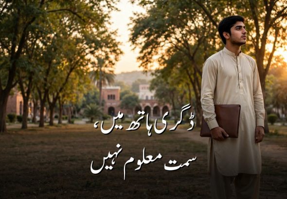 ڈگری ہاتھ میں لیے غروب آفتاب کے وقت یونیورسٹی کیمپس میں سوچ میں ڈوبا نوجوان — "ڈگری ہاتھ میں، سمت معلوم نہیں" کے عنوان کے ساتھ