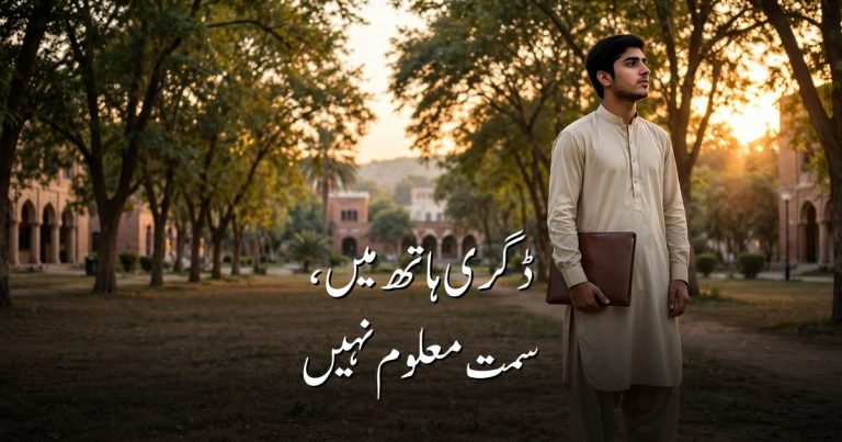 ڈگری ہاتھ میں لیے غروب آفتاب کے وقت یونیورسٹی کیمپس میں سوچ میں ڈوبا نوجوان — "ڈگری ہاتھ میں، سمت معلوم نہیں" کے عنوان کے ساتھ
