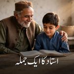 شاگرد کے کندھے پر شفقت سے ہاتھ رکھے مسکراتا استاد — "استاد کا ایک جملہ" کے عنوان کے ساتھ