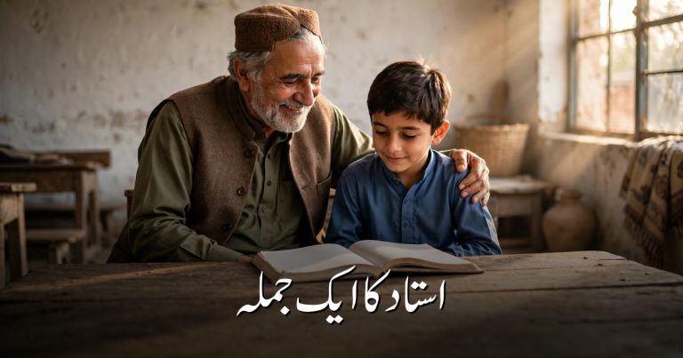 شاگرد کے کندھے پر شفقت سے ہاتھ رکھے مسکراتا استاد — "استاد کا ایک جملہ" کے عنوان کے ساتھ