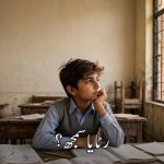 اسکول کی میز پر کتابوں کے ساتھ سوچ میں ڈوبا پاکستانی طالب علم — "رٹا یا سمجھ؟" کے عنوان کے ساتھ