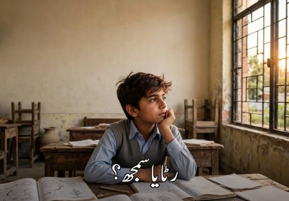 اسکول کی میز پر کتابوں کے ساتھ سوچ میں ڈوبا پاکستانی طالب علم — "رٹا یا سمجھ؟" کے عنوان کے ساتھ