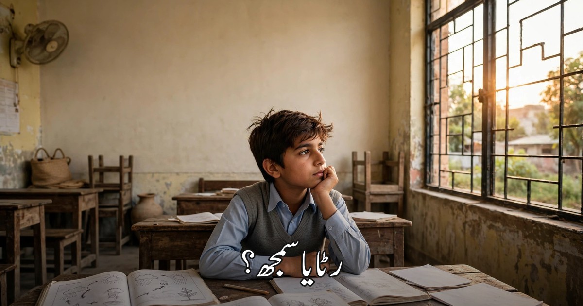 اسکول کی میز پر کتابوں کے ساتھ سوچ میں ڈوبا پاکستانی طالب علم — "رٹا یا سمجھ؟" کے عنوان کے ساتھ