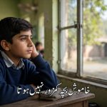 کلاس روم میں کھڑکی کے پاس بیٹھا سوچ میں ڈوبا خاموش پاکستانی طالب علم — "خاموش بچہ کمزور نہیں ہوتا" کے عنوان کے ساتھ