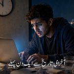 آخری تاریخ سے پہلے رات کو لیپ ٹاپ پر فارم بھرتا پریشان نوجوان — "آخری تاریخ سے ایک دن پہلے" کے عنوان کے ساتھ