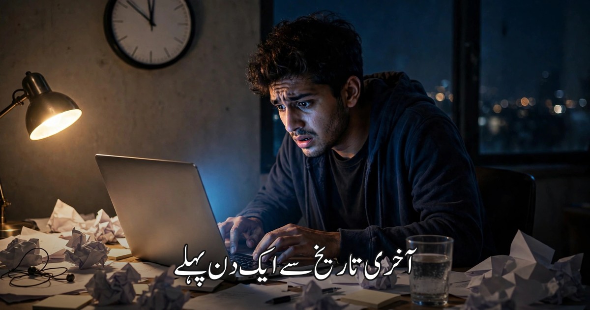 آخری تاریخ سے پہلے رات کو لیپ ٹاپ پر فارم بھرتا پریشان نوجوان — "آخری تاریخ سے ایک دن پہلے" کے عنوان کے ساتھ