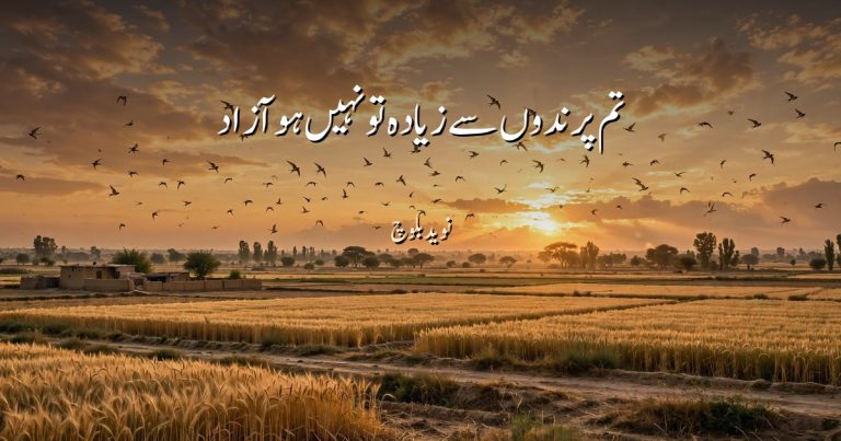 غروب آفتاب کے وقت کھیتوں پر آزاد اڑتے پرندے — "تم پرندوں سے زیادہ تو نہیں ہو آزاد" کے عنوان کے ساتھ