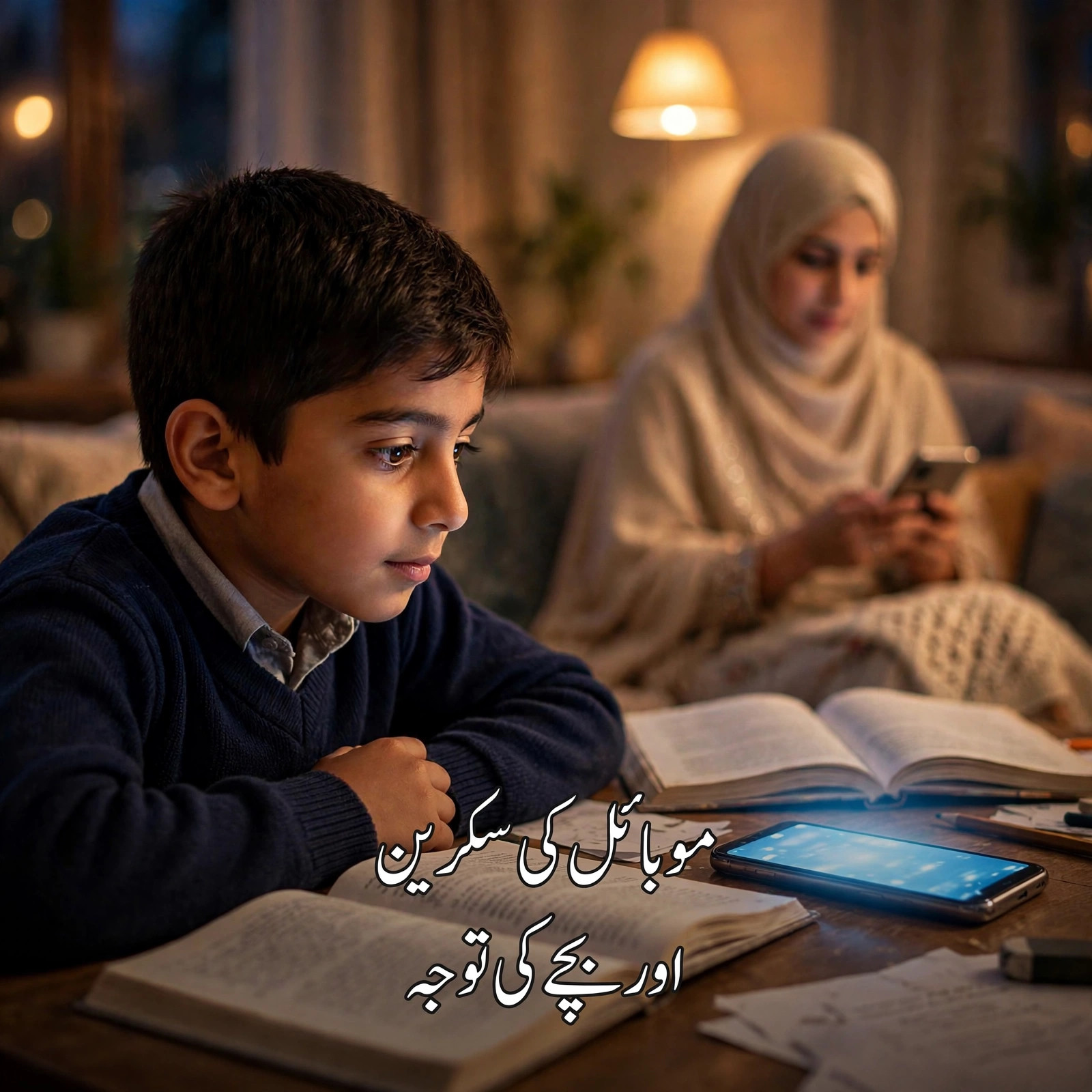 کتابوں کے سامنے بیٹھا بچہ اور پاس چمکتا موبائل — "موبائل کی سکرین اور بچے کی توجہ" کے عنوان کے ساتھ